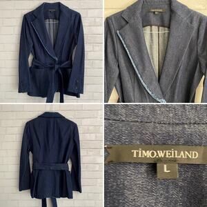Timo Weiland $160 Raw Edge Lapel Denim Blazer w Belt NWOT sz LG